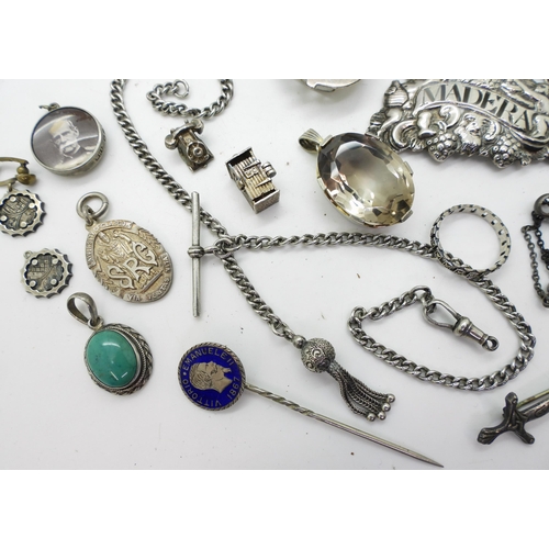 874 - A collection of silver and white metal items to include, a fancy fob chain with tassel, a white meta... 