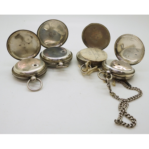 879 - Four silver open face pocket watches, hallmarked 1890, decorative dial 1878, the example without han... 