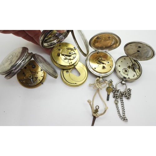 879 - Four silver open face pocket watches, hallmarked 1890, decorative dial 1878, the example without han... 