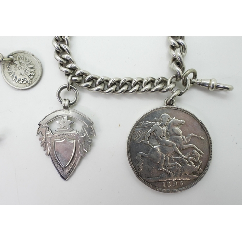 889 - Two silver fob chains one with attached 1895 Victorian crown coin, and  medallion