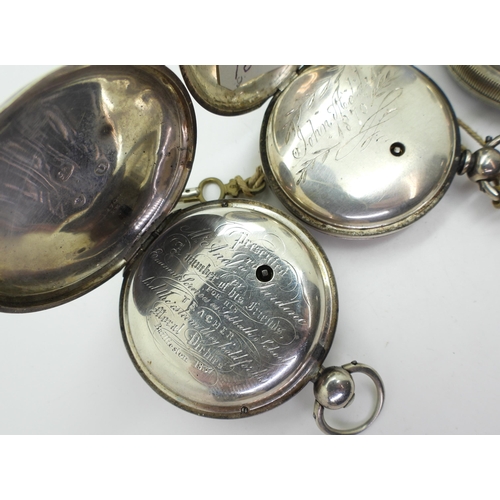 893 - Three silver pocket watches, two with diamond end caps, dated 1835 and 1852, a further example dated... 