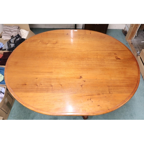 61 - A Victorian mahogany oval tilt topped breakfast table on tripod base, 77cm high x 137cm long x 115cm... 