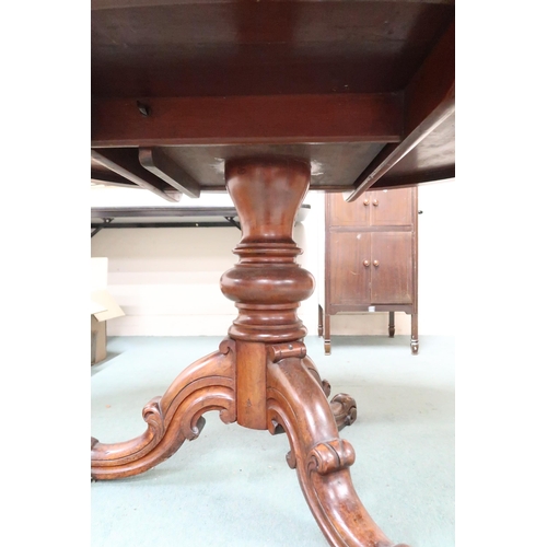 61 - A Victorian mahogany oval tilt topped breakfast table on tripod base, 77cm high x 137cm long x 115cm... 