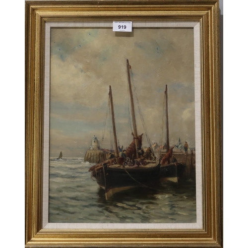 919 - CONTINENTAL SCHOOL SAILING FROM THE HERBOUR Oil on panel, 39 x 29cm  ... 