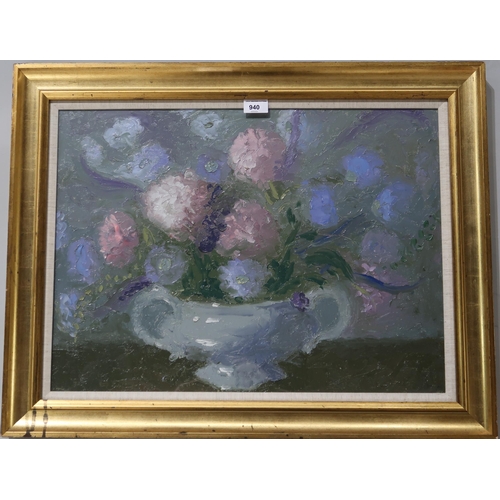 940 - WILLIAM DRUMMOND BONE RSA RSW (SCOTTISH 1907-1979) STILL LIFE WITH PEONIES Oil on board, 4... 