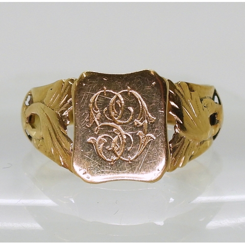 2761 - A FRENCH 18CT GOLD SIGNET RINGleaf design shoulders, monogramed CG, stamped with the french eagles h... 