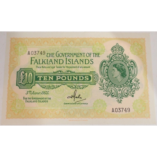 376 - Falkland Islands (British Overseas Territories) £10 Bank Notes A03749 5th July 1975, A918... 