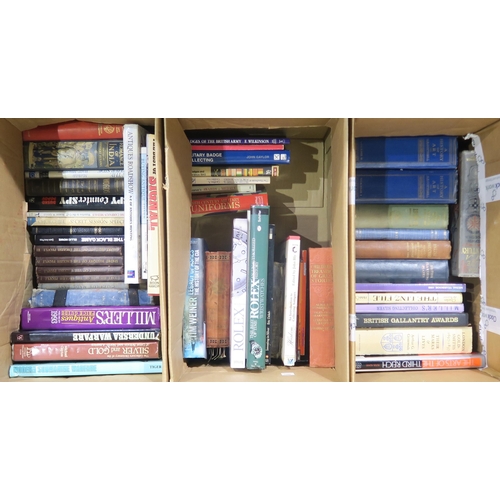 422F - Three boxes of assorted books, to include titles on militaria collecting, antiques, submarine warfar... 