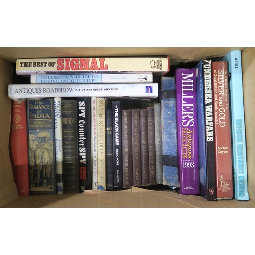 422F - Three boxes of assorted books, to include titles on militaria collecting, antiques, submarine warfar... 