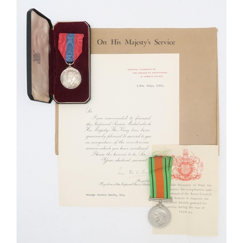 433 - A cased George VI Imperial Service Medal awarded to George Bertie Smith, with accompanying letter da... 