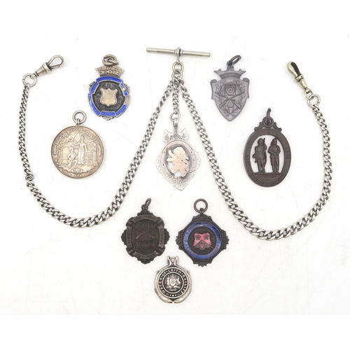 436 - A silver double Albert watch chain, suspending Chester silver fob medal (one clasp not hallmarked, T... 