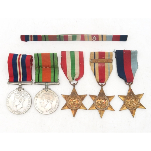 439 - A WW2 medal group of five, comprising War Medal, Defence Medal, 1939-1945 Star, Italy Star and Afric... 