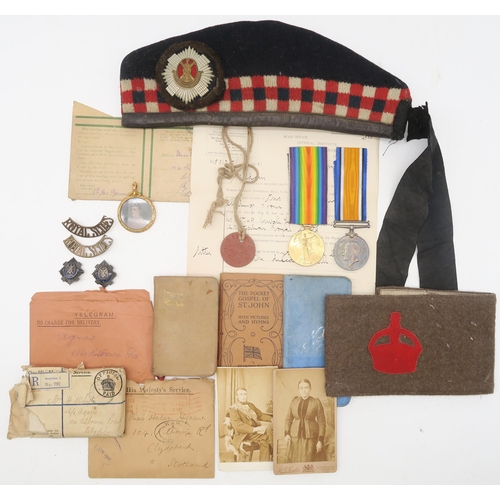 443 - Assorted material relating to the WW1 service of 30769 Pte. J. Agnew, Royal Scots; comprising posthu... 