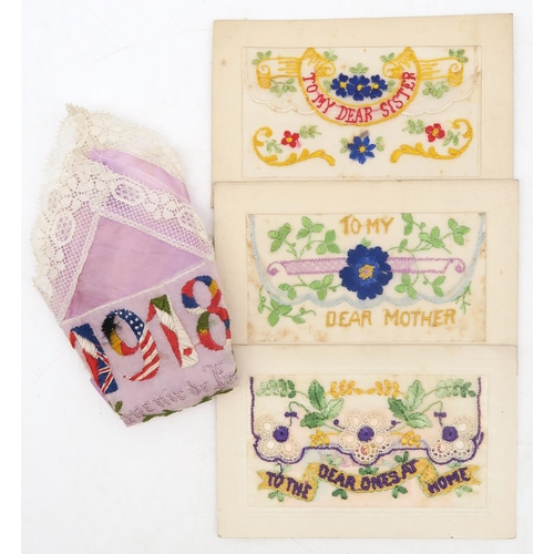 445 - A WW1-period embroidered silk handkerchief, together with three embroidered silk postcards of simila... 