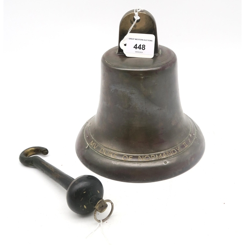 448 - A ship's bell, removed from M.V. Duke of Normandy II, measuring approx. 21cm in height and 21cm in d... 