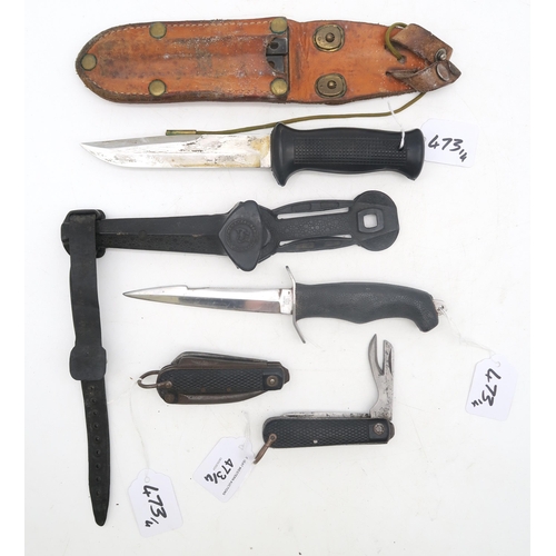 473 - Two rubber-handled diver's-type knives, the larger with blade measuring approx. 13.7cm in length and... 