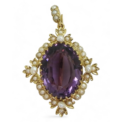 2781 - A 15CT GOLD PENDANT, set with a large amethyst of 20mm x 14.5mm, surrounded with freshwater pearls, ... 