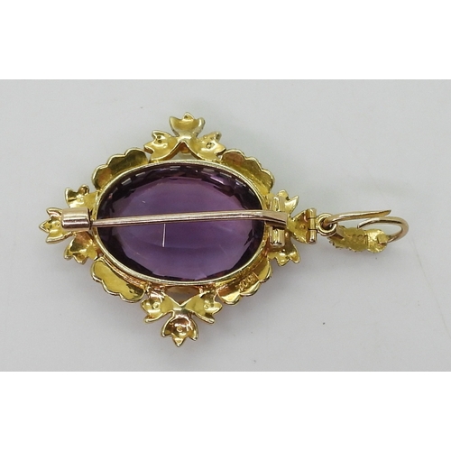 2781 - A 15CT GOLD PENDANT, set with a large amethyst of 20mm x 14.5mm, surrounded with freshwater pearls, ... 