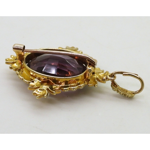 2781 - A 15CT GOLD PENDANT, set with a large amethyst of 20mm x 14.5mm, surrounded with freshwater pearls, ... 