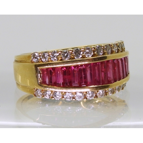 2783 - A RUBY & DIAMOND RINGmounted in 18ct gold, with a band of calibre cut ruby baguettes and two ban... 