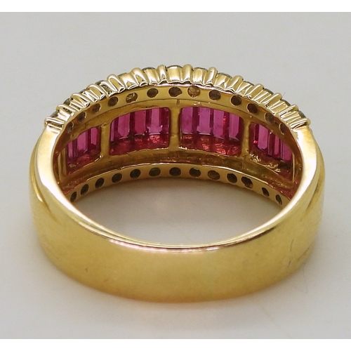 2783 - A RUBY & DIAMOND RINGmounted in 18ct gold, with a band of calibre cut ruby baguettes and two ban... 