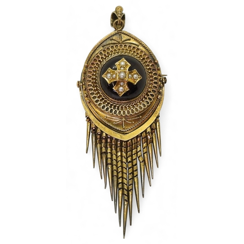 2801 - A VICTORIAN PENDANT BROOCHset with a high domed garnet set with a pearl cross, with granulation and ... 