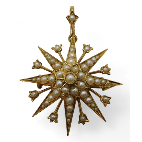 2806 - A VICTORIAN STAR PENDANT BROOCHin 15ct gold set throughout with split pearls. Diameter 3.4cm, length... 