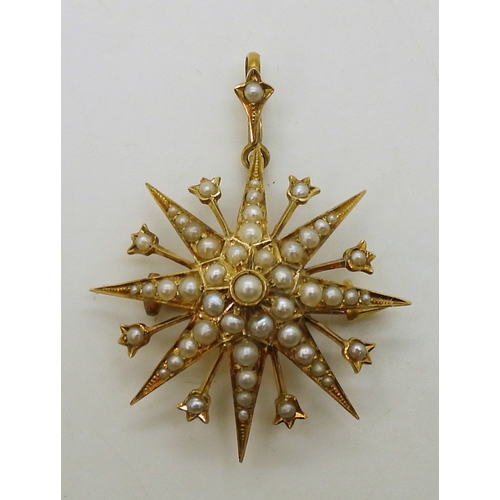 2806 - A VICTORIAN STAR PENDANT BROOCHin 15ct gold set throughout with split pearls. Diameter 3.4cm, length... 