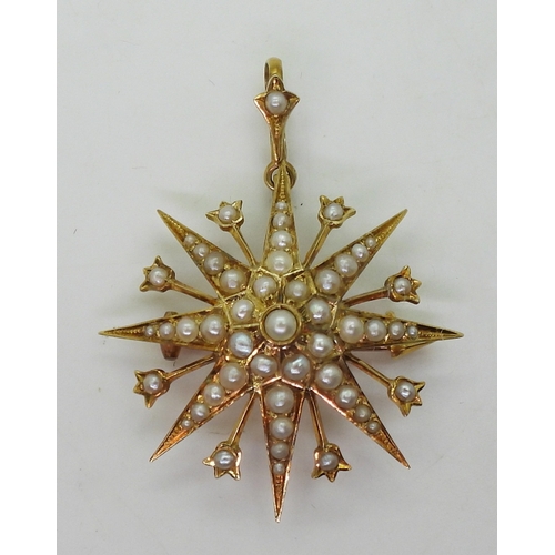 2806 - A VICTORIAN STAR PENDANT BROOCHin 15ct gold set throughout with split pearls. Diameter 3.4cm, length... 