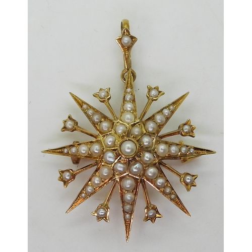 2806 - A VICTORIAN STAR PENDANT BROOCHin 15ct gold set throughout with split pearls. Diameter 3.4cm, length... 