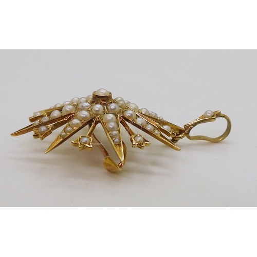 2806 - A VICTORIAN STAR PENDANT BROOCHin 15ct gold set throughout with split pearls. Diameter 3.4cm, length... 