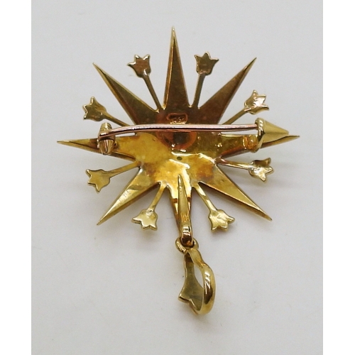 2806 - A VICTORIAN STAR PENDANT BROOCHin 15ct gold set throughout with split pearls. Diameter 3.4cm, length... 