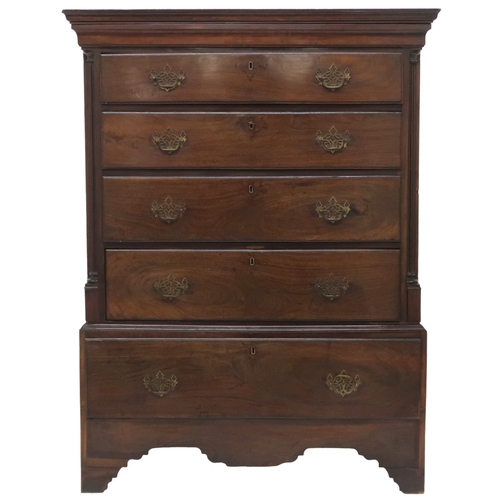 2008 - A GEORGIAN WALNUT CHEST ON CHEST with moulded cornice over four long drawers flanked by reeded ... 