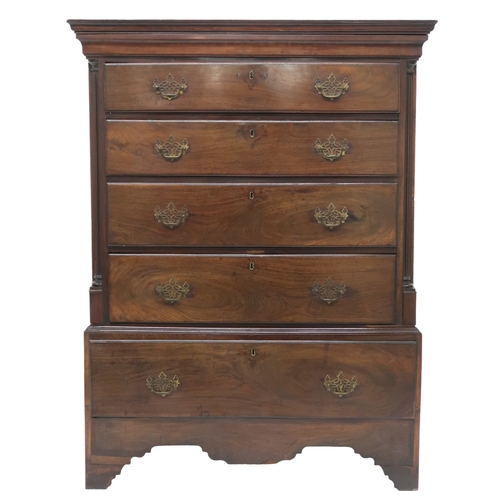 2008 - A GEORGIAN WALNUT CHEST ON CHEST with moulded cornice over four long drawers flanked by reeded ... 