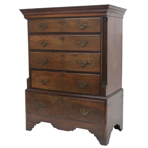 2008 - A GEORGIAN WALNUT CHEST ON CHEST with moulded cornice over four long drawers flanked by reeded ... 