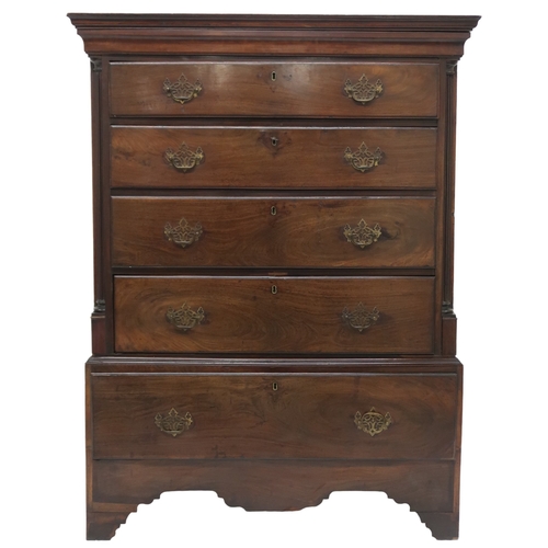 2008 - A GEORGIAN WALNUT CHEST ON CHEST with moulded cornice over four long drawers flanked by reeded ... 