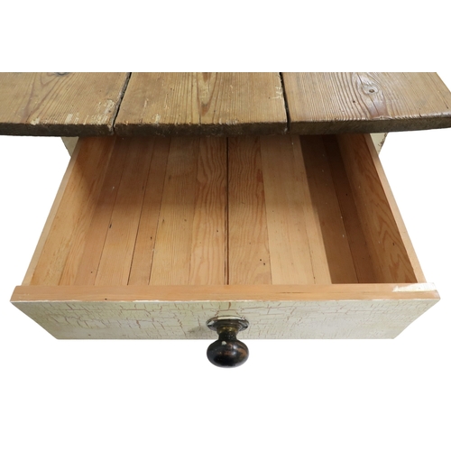 2009 - A LATE VICTORIAN PITCH PINE TOPPED FARMHOUSE  KITCHEN TABLE with three plank constructed top on pain... 