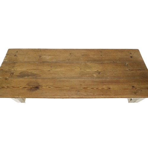 2009 - A LATE VICTORIAN PITCH PINE TOPPED FARMHOUSE  KITCHEN TABLE with three plank constructed top on pain... 