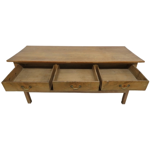 2010 - A 19TH CENTURY PINE FARMHOUSE  KITCHEN SERVING/LARDER TABLE with rectangular two plank top over thre... 