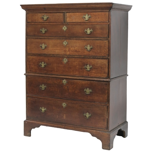 2020 - A GEORGIAN OAK CHEST ON CHEST top chest with moulded cornice over two short over three long dra... 