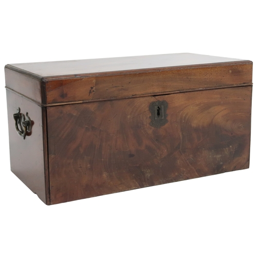 2023 - A GEORGIAN FLAME MAHOGANY STRONG BOX with twinned carry handles flanking hinged top concealing inter... 