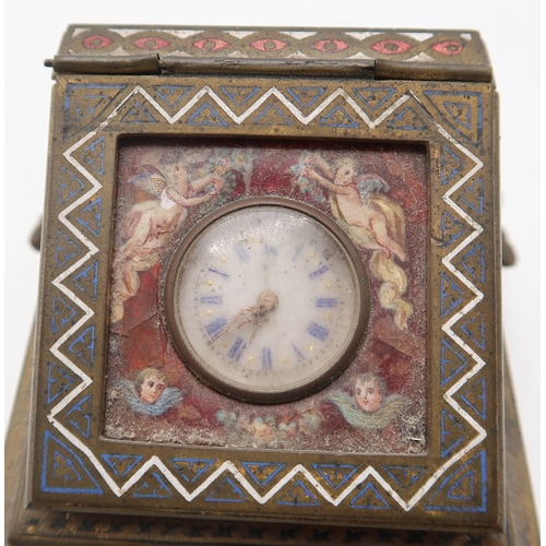 2254 - A FRENCH CHAMPLEVE ENAMEL INKWELLthe lid inset with a small clock within an enamel panel depicting a... 