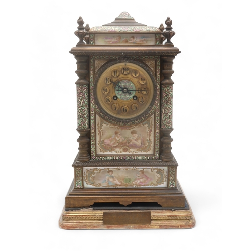 2259 - A LATE 19TH CENTURY FRENCH CHIMING MANTEL CLOCKwith champleve enamel and painted porcelain panels de... 