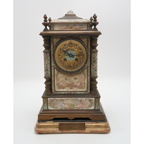 2259 - A LATE 19TH CENTURY FRENCH CHIMING MANTEL CLOCKwith champleve enamel and painted porcelain panels de... 