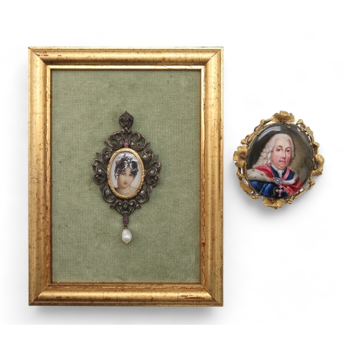 2269 - A PAINTED ENAMEL MINIATUREpurportedly King Joao V of Portugal, in gilded metal brooch surround, 4.5c... 