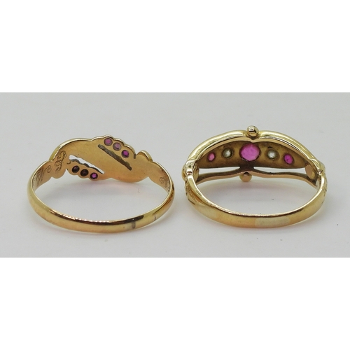 2824 - TWO VINTAGE RINGSa bright yellow metal red gem and diamond ring, size R, together with a red gem and... 