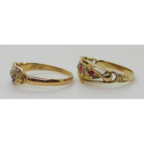 2824 - TWO VINTAGE RINGSa bright yellow metal red gem and diamond ring, size R, together with a red gem and... 