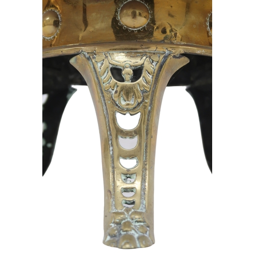 2013 - A DUTCH BRASS PLANTER with bulbous body embossed with armorial crest to one side and fruit/foliate m... 