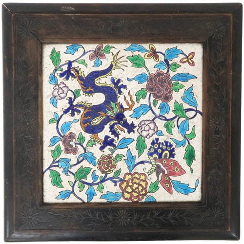 2015 - A CHINESE HARDWOOD TILE TOPPED PLANT PEDESTAL square tile inset top decorated with dragon and b... 