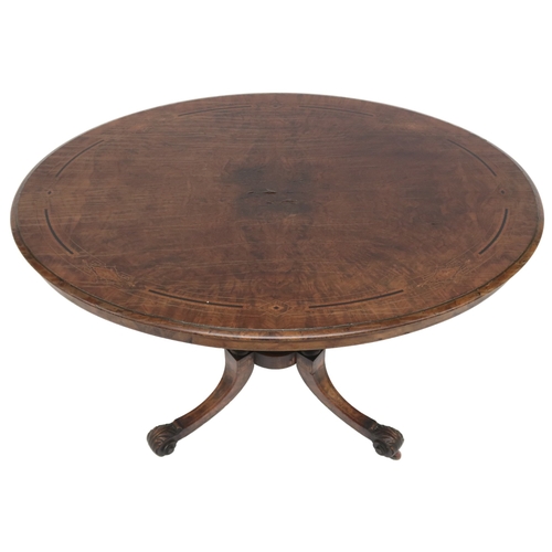 2016 - A VICTORIAN WALNUT OVAL  CENTRE TABLE oval top with quarter match veneer with boxwood and ebony inla... 